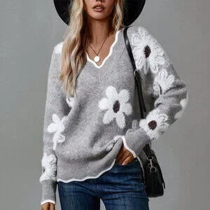 Grey Casual Women's Floral Pattern Easter Family Sweater